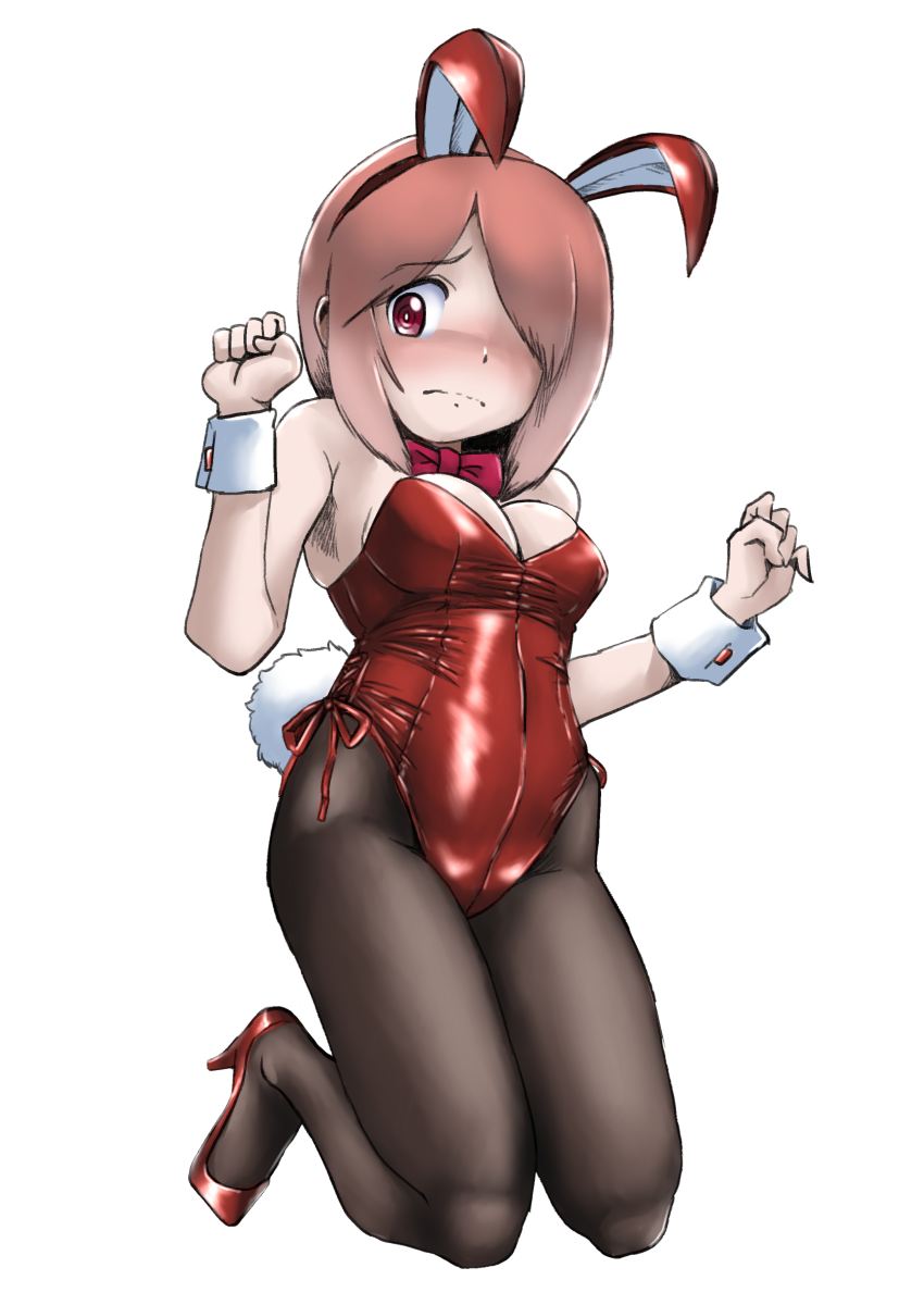 1girl, animal_ears, bare_shoulders, black_pantyhose, blush, bow, bowtie, breasts