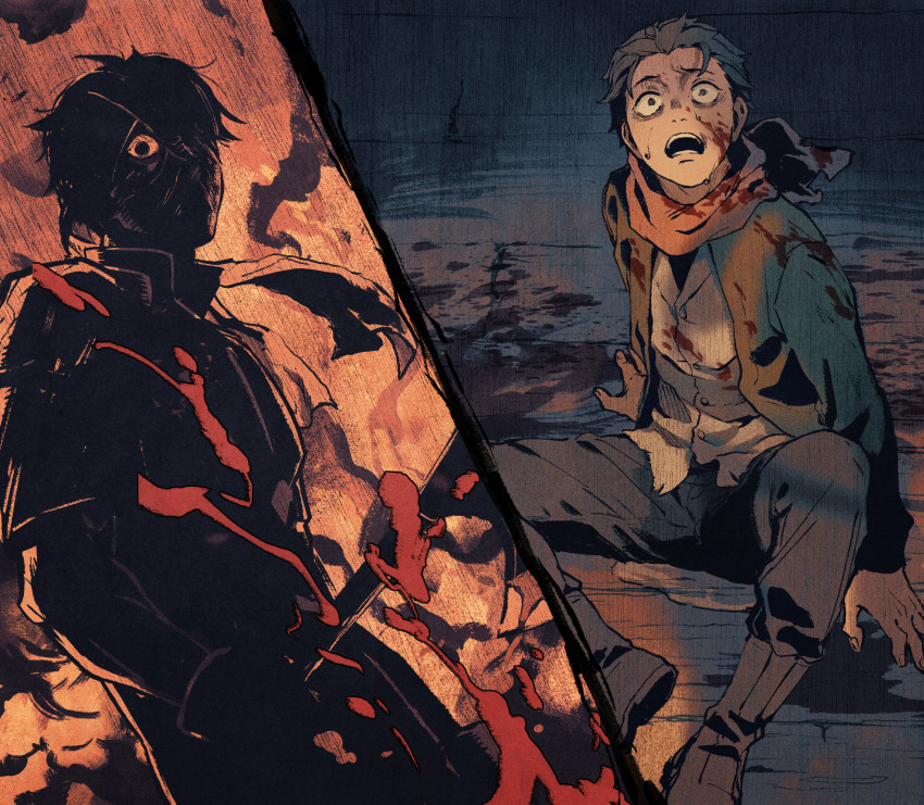 2boys, arm_support, blood, blood_on_clothes, blood_on_face, boots, buttons, commentary_request, grey_hair, grey_pants, highres, iwamushi, jacket, long_sleeves, looking_up, male_focus, multiple_boys, natsuki_subaru, open_clothes, open_jacket, open_mouth, pants, pee, peeing, peeing_self, re:zero_kara_hajimeru_isekai_seikatsu, scarf, shirt, sitting, split_screen, sweat, teeth, todd_fang