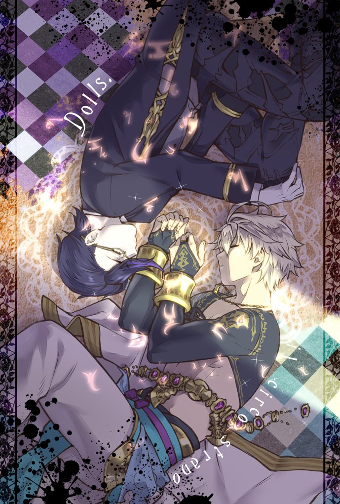 2boys, abs, ahoge, aladdin_(sinoalice), black_hair, blonde_hair, bracelet, bridal_gauntlets