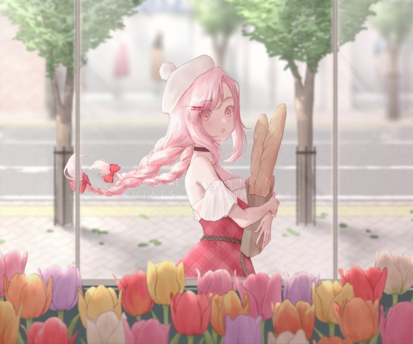 1girl, :o, artist_name, bag, baguette, beret, bow, braid, bread, character_name, commentary, commission, detached_sleeves, dress, english_commentary, floating_hair, food, hair_bow, hat, holding, holding_bag, long_hair, nini_yuuna, nini_yuuna_(3rd_costume), paper_bag, parted_lips, pink_dress, pink_eyes, purple_flower, purple_tulip, red_bow, rui_(ruiaes), short_sleeves, solo, strapless, tsunderia, tube_top, tulip, twin_braids, virtual_youtuber, watermark, white_hat