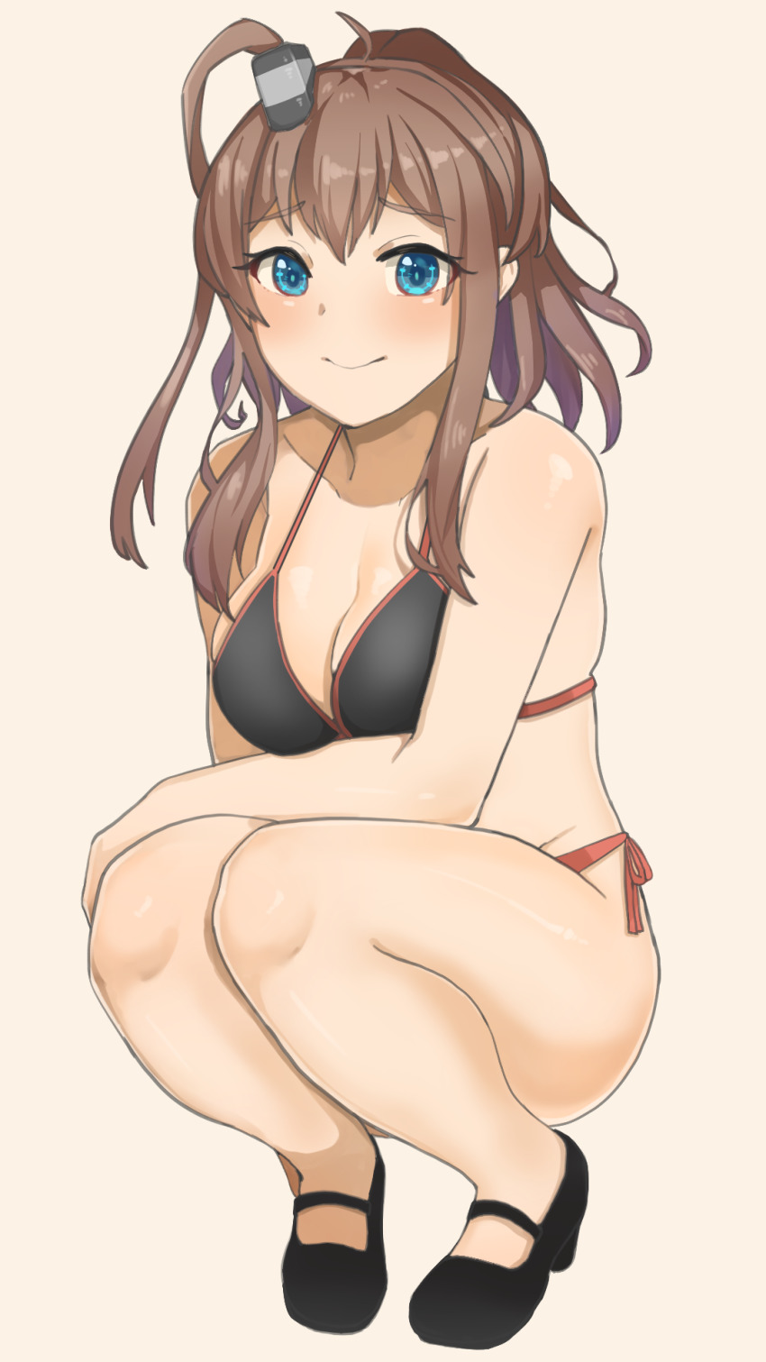 1girl, alternate_costume, bikini, black_bikini, black_footwear, blue_eyes, breasts, brown_hair