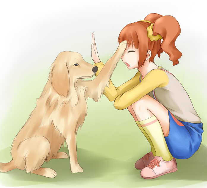 00s, 1girl, brown_hair, closed_eyes, dog, facepalm, failure, female_focus, high_five, idolmaster, idolmaster_(classic), kneehighs, nogisu, orange_hair, raglan_sleeves, scrunchie, short_hair, skirt, socks, solo, squatting, st_rx, takatsuki_yayoi, twintails, you're_doing_it_wrong