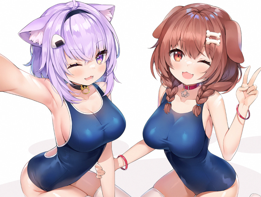 2girls, ;), ;d, alternate_costume, animal_ear_fluff, animal_ears, armpits, ayamy