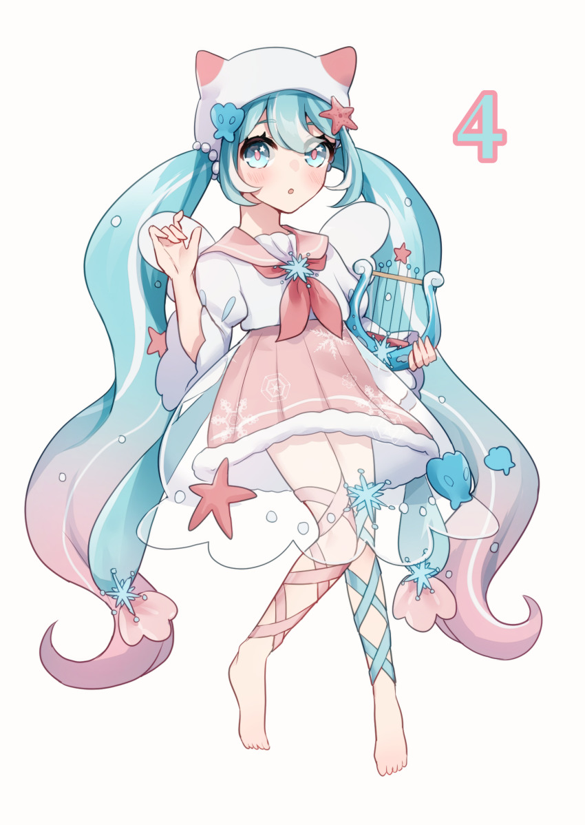 1girl, :o, aqua_eyes, aqua_hair, aqua_ribbon, aryuma772, barefoot, blouse