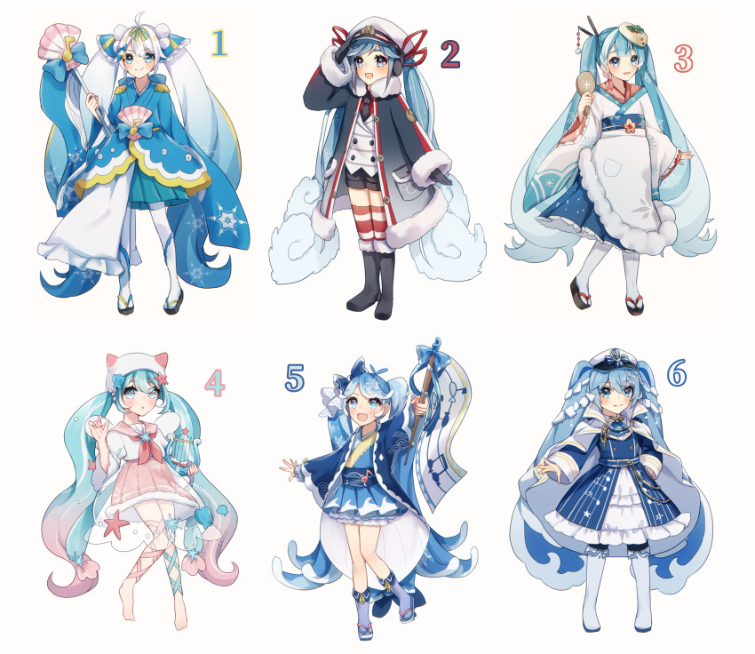 6+girls, :o, absurdres, ahoge, anchor_print, animal_print, aqua_eyes, aqua_hair, aqua_ribbon, aqua_skirt, arm_behind_back, aryuma772, badge, barefoot, beads, beamed_eighth_notes, belt, black_footwear, black_gloves, black_legwear, black_neckwear, black_shorts, bloomers, blouse, blue_coat, blue_dress, blue_eyes, blue_hair, blue_jacket, blue_kimono, blue_legwear, boots, borrowed_design, bow, bowtie, braid, buttons, clam_shell, cloud_hair, coat, coat_on_shoulders, collar, collared_shirt, colored_tips, commentary, crab_print, double-breasted, dress, eighth_note, epaulettes, fish_print, flag, food-themed_hair_ornament, frilled_dress, frilled_kimono, frills, full_body, fur-trimmed_boots, fur-trimmed_coat, fur-trimmed_skirt, fur_trim, geta, gloves, gradient_hair, hair_bow, hair_ornament, hair_ribbon, hair_stick, hand_on_own_hip, hand_up, happi, harp, hat, hatsune_miku, headphones, highres, holding, holding_flag, holding_instrument, holding_spoon, holding_wand, instrument, jacket, japanese_clothes, kimono, knee_boots, leg_ribbon, light_blue_hair, long_hair, looking_at_viewer, military, military_uniform, miniskirt, multicolored_hair, multiple_girls, multiple_persona, musical_note, musical_note_print, musical_staff, naval_uniform, necktie, obi, open_clothes, open_coat, open_mouth, peaked_cap, pink_collar, pink_hair, pink_pupils, pink_ribbon, pink_skirt, pleated_skirt, red_hair, red_legwear, red_ribbon, red_shirt, ribbon, roe, rope, sailor_collar, sailor_hat, salute, sash, scallop, school_uniform, sea_angel_girl, see-through_clothes, see-through_skirt, seigaiha, shamoji, shell, shell_hair_ornament, shirt, shiso_(plant), shorts, skirt, smile, snowflake_hair_ornament, snowflake_print, spoon, standing, standing_on_one_leg, star_(symbol), star_hair_ornament, star_print, striped_clothes, striped_legwear, striped_thighhighs, tabi, thighhighs, twintails, underwear, very_long_hair, vocaloid, wand, wasabi, wave_print, white_background, white_coat, white_footwear, white_hair, white_headwear, white_kimono, white_legwear, white_shirt, wide_sleeves, wings, yuki_miku, yuki_miku_(2022), yuki_miku_(2022)_(candidate_no.1), yuki_miku_(2022)_(candidate_no.3), yuki_miku_(2022)_(candidate_no.4), yuki_miku_(2022)_(candidate_no.5), yuki_miku_(2022)_(candidate_no.6), zettai_ryouiki