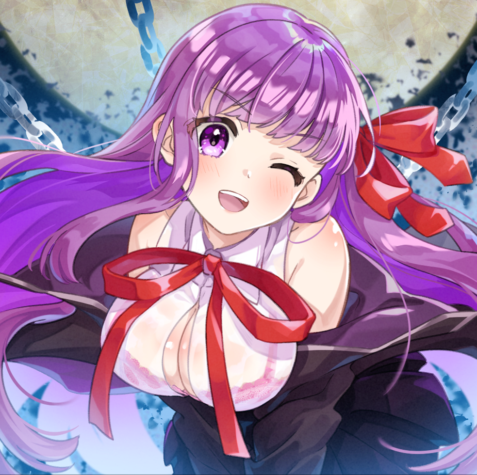 1girl, bb_(fate), bb_(fate/extra), black_coat, black_skirt, blush, breasts, button_gap, chain, cleavage, coat, fate/extra, fate/extra_ccc, fate_(series), gloves, hair_ribbon, high-waist_skirt, large_breasts, leotard, long_hair, long_sleeves, looking_at_viewer, nakamuraryou, neck_ribbon, one_eye_closed, open_clothes, open_coat, open_mouth, popped_collar, purple_eyes, purple_hair, red_ribbon, ribbon, skirt, smile, solo, very_long_hair, white_gloves, white_leotard