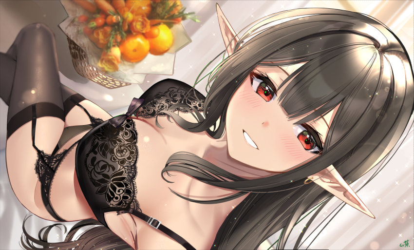 1girl, black_bra, black_hair, black_panties, black_thighhighs, blurry, blurry_background, blush