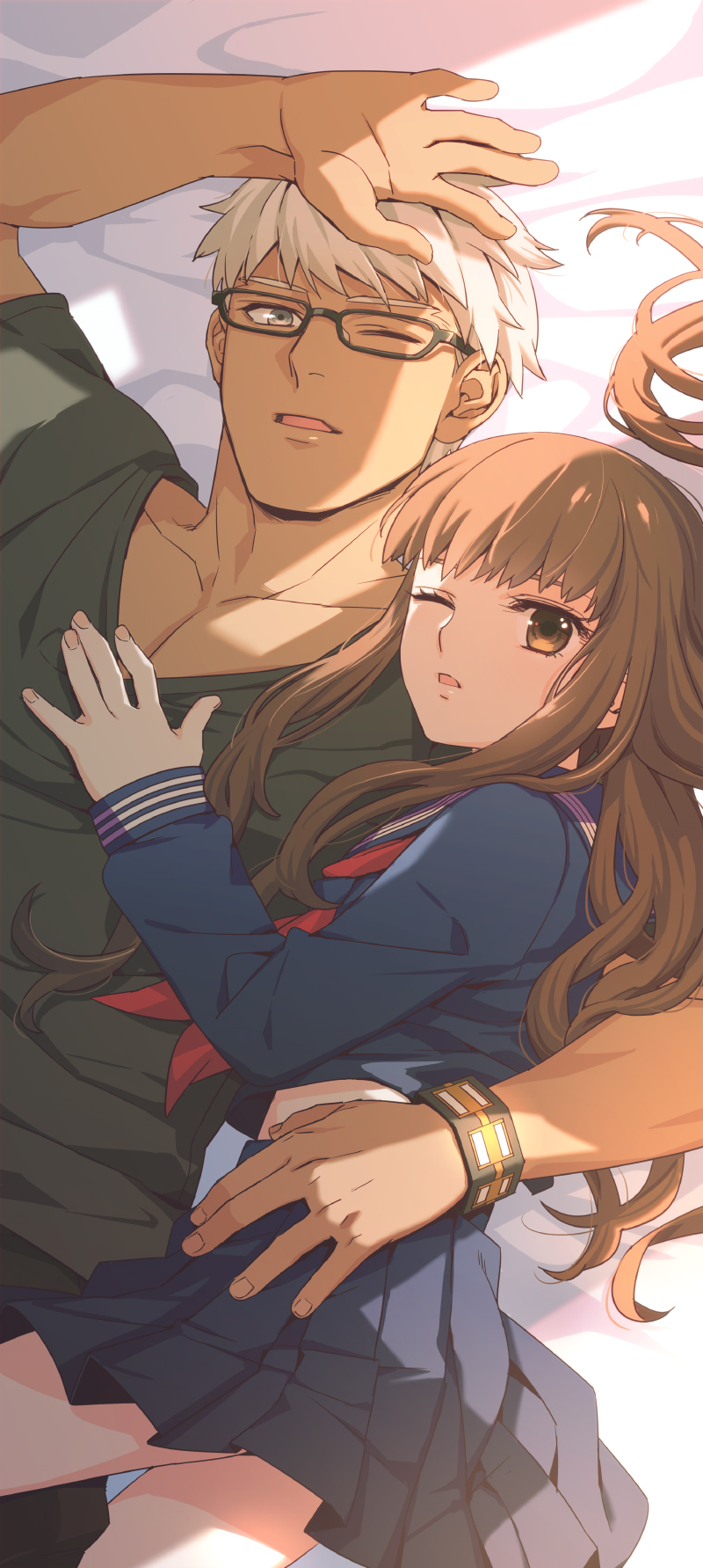 1boy, 1girl, archer_(fate), archer_(modern_black_costume)_(fate), black_serafuku, brown_eyes, brown_hair, collarbone