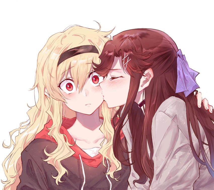2girls, abo_(au), black_hoodie, blonde_hair, blush, bow, brown_hair, closed_eyes, hair_bow, hair_ribbon, hairband, hand_on_another's_back, hood, hood_down, hoodie, kiss, kissing_cheek, mulangfang, multiple_girls, red_eyes, red_hood, ribbon, saijo_claudine, shoujo_kageki_revue_starlight, tendo_maya, yuri