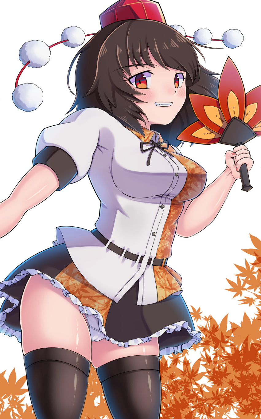 absurdres, belt, black_hair, black_ribbon, black_skirt, black_thighhighs, cameltoe, collared_shirt, dokushu_yanagi5322, frilled_skirt, frills, hat, hauchiwa, highres, leaf_print, miniskirt, panties, pantyshot, pom_pom_(clothes), red_eyes, red_footwear, ribbon, shameimaru_aya, shirt, skindentation, skirt, solo, tengu, thick_thighs, thighhighs, thighs, tokin_hat, touhou, underwear, white_panties, white_shirt