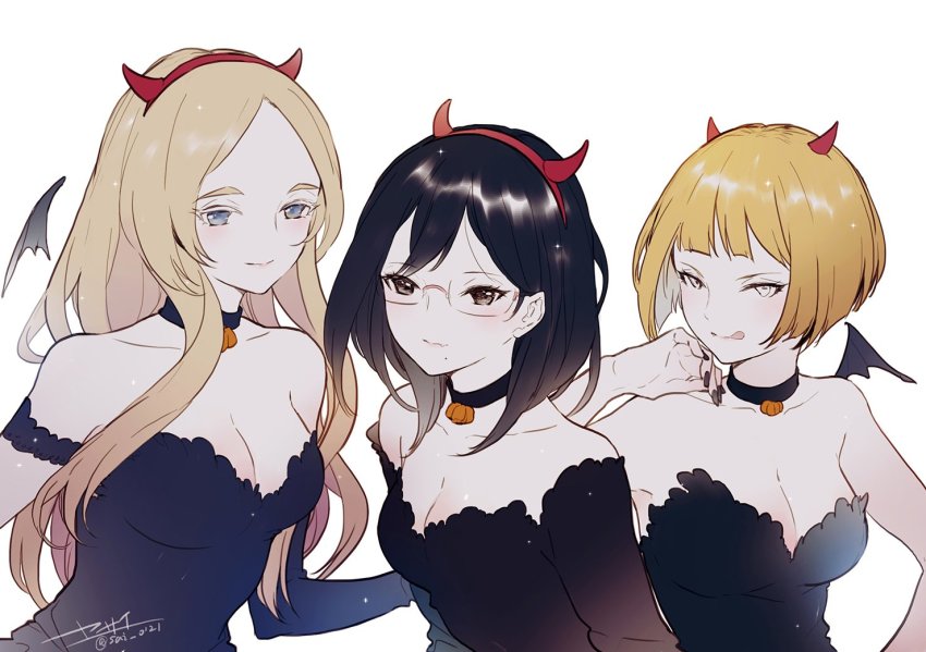 3girls, :p, alternate_costume, asymmetrical_sleeves, bare_shoulders, black_choker, black_dress, black_hair