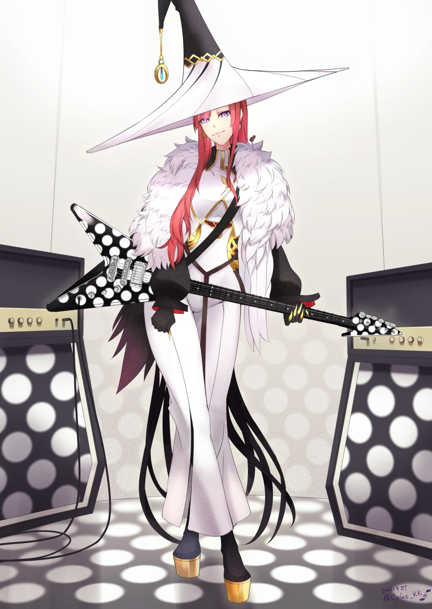 1girl, amplifier, bodysuit, electric_guitar, fate/grand_order, fate_(series), feather_boa, guitar