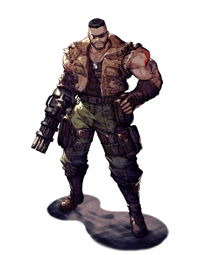 1boy, arm_cannon, barret_wallace, dark-skinned_male, dark_skin, dog_tags, final_fantasy, final_fantasy_brave_exvius