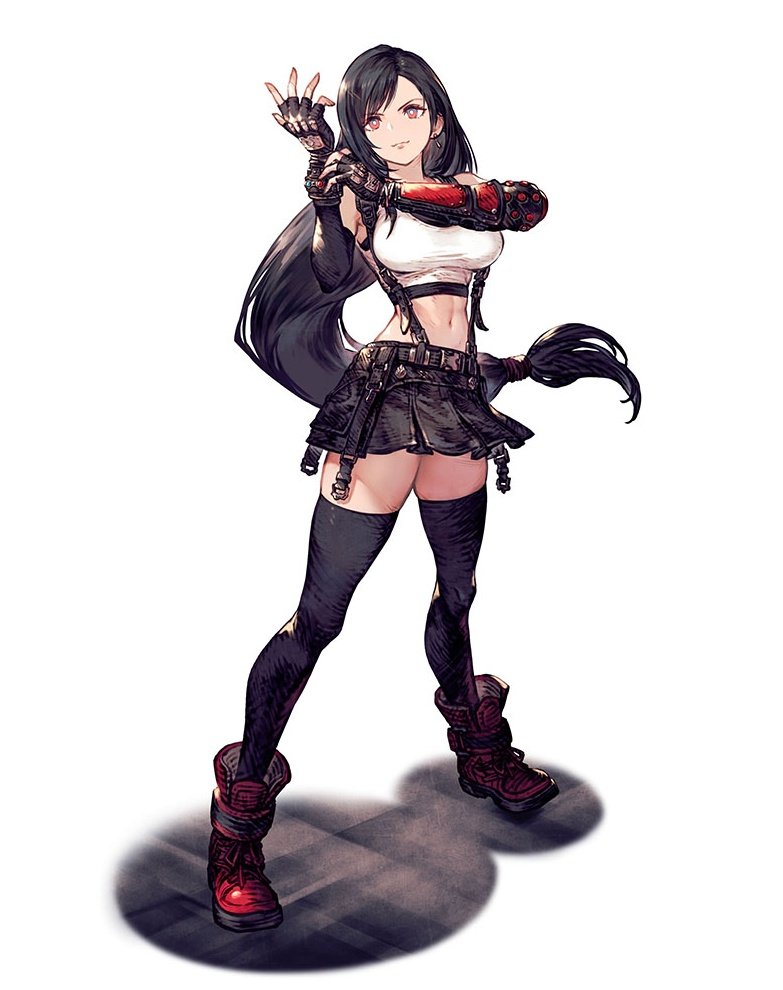 1girl, adjusting_clothes, adjusting_gloves, black_hair, black_skirt, black_thighhighs, boots, breasts, crop_top, earrings, final_fantasy, final_fantasy_brave_exvius, final_fantasy_vii, final_fantasy_vii_remake, fingerless_gloves, floating_earrings, full_body, gloves, holding_glove, jewelry, large_breasts, long_hair, looking_at_viewer, low-tied_long_hair, midriff, miniskirt, navel, official_art, ohara_ryoji, red_boots, simple_background, skirt, solo, stomach, suspender_skirt, suspenders, swept_bangs, thighhighs, third-party_source, tifa_lockhart, very_long_hair, war_of_the_visions:_final_fantasy_brave_exvius, white_background