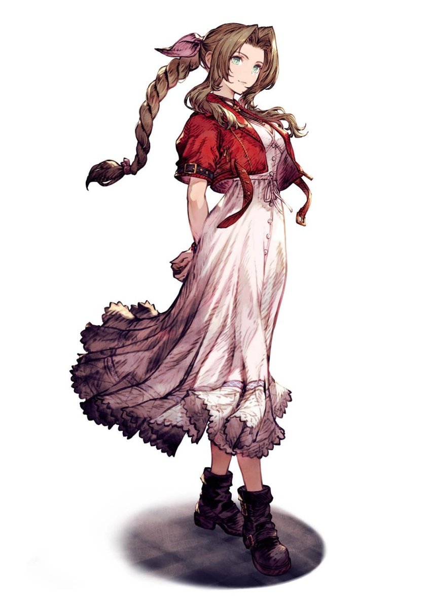 1girl, aerith_gainsborough, boots, braid, braided_ponytail, brown_hair, cropped_jacket, dress, final_fantasy, final_fantasy_brave_exvius, final_fantasy_vii, final_fantasy_vii_remake, full_body, green_eyes, highres, jacket, looking_at_viewer, official_art, ohara_ryoji, pink_jacket, simple_background, solo, third-party_source, war_of_the_visions:_final_fantasy_brave_exvius