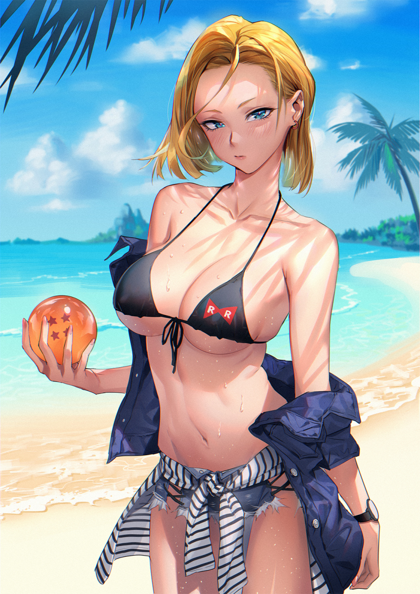 1girl, android, android_18, bare_shoulders, beach, bikini, bikini_top_only, blonde_hair, blue_eyes, blue_sky, breasts, cleavage, closed_mouth, cloud, cloudy_sky, collarbone, commentary, day, dragon_ball, dragon_ball_(object), dragonball_z, earrings, highres, holding, holding_dragon_ball, jacket, jewelry, lips, logo, medium_breasts, medium_hair, mhk_(mechamania), navel, ocean, off_shoulder, outdoors, palm_leaf, palm_tree, parted_bangs, red_ribbon_army, shore, short_shorts, shorts, sky, sleeveless, sleeveless_jacket, solo, stomach, swimsuit, tree, watch, water, water_drop, wet