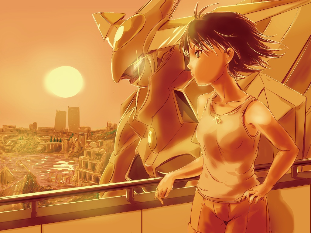 00s, antenna_hair, bad_id, bad_pixiv_id, black_hair, casual, hiems, idolmaster, idolmaster_xenoglossia, jewelry, kikuchi_makoto, kikuchi_makoto_(idolmaster_xenoglossia), landscape, mecha, necklace, nick_(pixiwixi), robot, short_hair, solo, sunset, wind