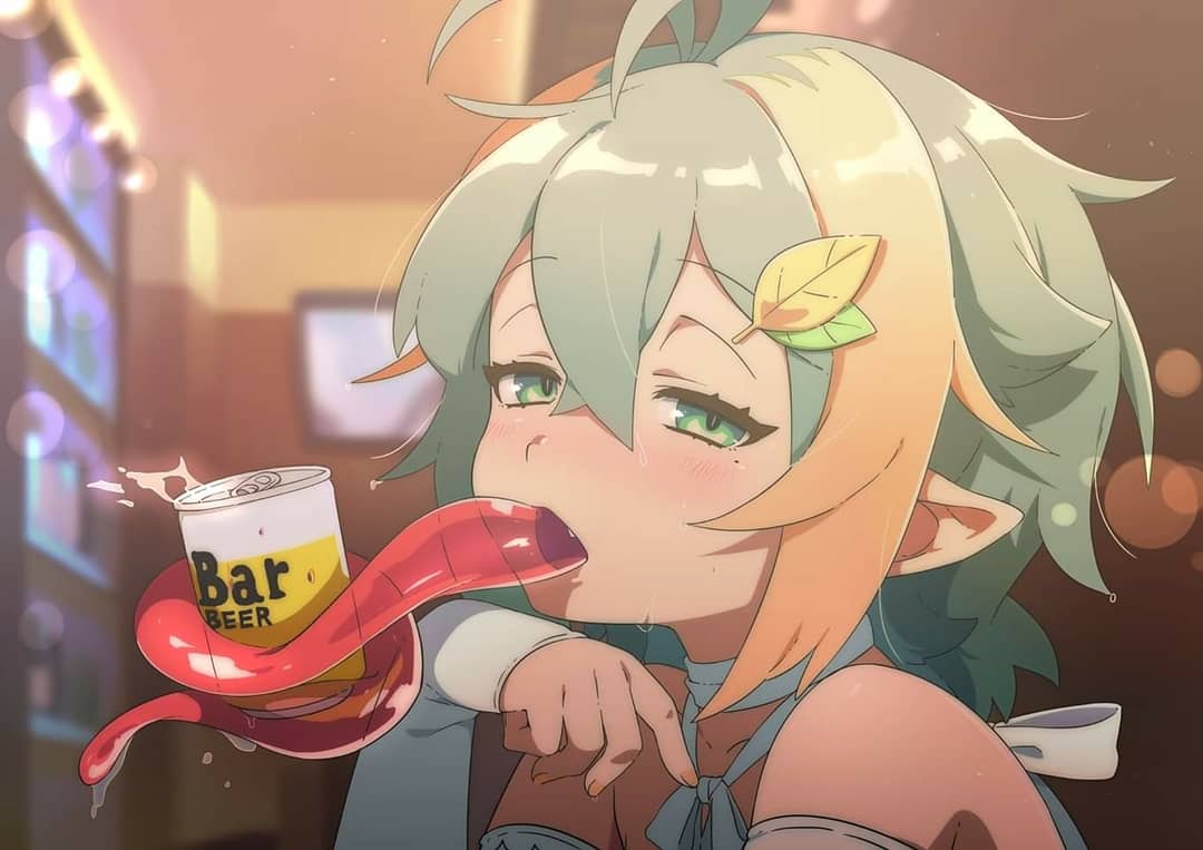 1girl, alcohol, antenna_hair, bare_shoulders, beer, blurry, blurry_background, blush, bokeh, can, choker, collarbone, crossed_bangs, depth_of_field, detached_sleeves, drink, drunk, english_text, female_focus, from_side, green_eyes, green_hair, hair_ornament, half-closed_eyes, hand_up, hot, indoors, jpeg_artifacts, leaf_hair_ornament, linmiu_(smilemiku), long_tongue, looking_at_viewer, mole, mole_under_eye, multicolored_hair, nose_blush, open_mouth, orange_hair, original, pointy_ears, prehensile_tongue, saliva, short_hair, solo, streaked_hair, sweat, tongue, tongue_hold, tongue_out, upper_body, vending_machine, white_choker, white_sleeves