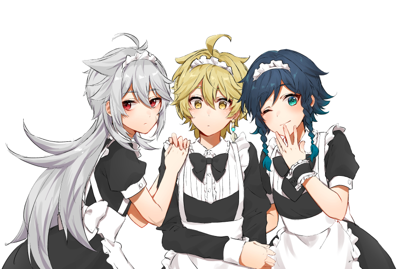 3boys, absurdres, aether_(genshin_impact), ahoge, apron, aqua_hair, black_dress, black_neckwear