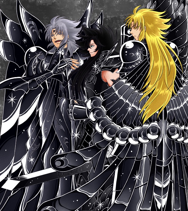 3boys, armor, artist_request, black_hair, blonde_hair, brothers, full_armor, grey_eyes