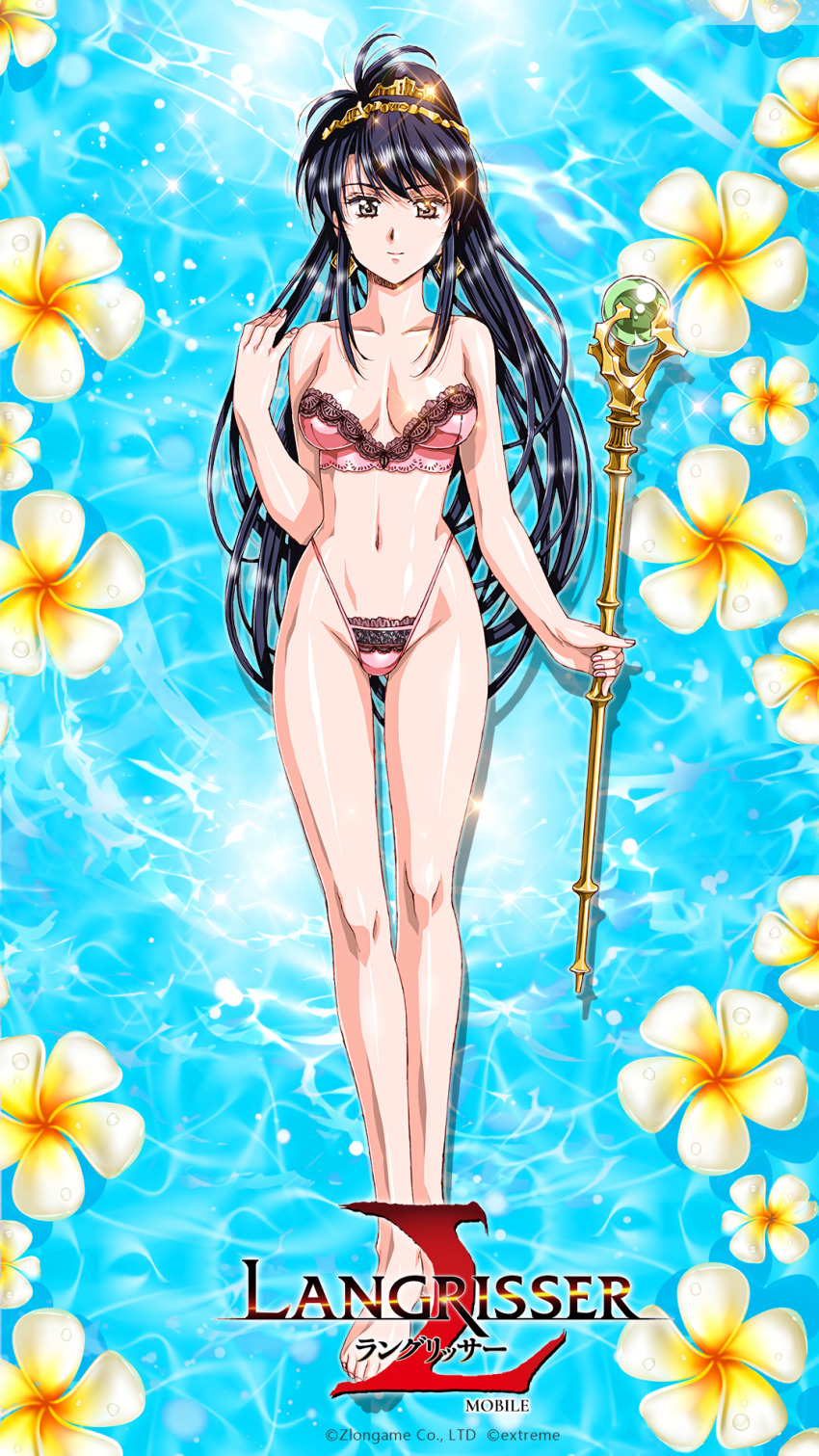 1girl, barefoot, black_hair, bra, breasts, collarbone, copyright_notice, drop_shadow, earrings, flower, glint, gold, grey_eyes, highres, holding, holding_staff, jessica_(langrisser), jewelry, lace, lace-trimmed_bra, lace-trimmed_panties, lace_trim, langrisser, langrisser_mobile, logo, long_hair, looking_at_viewer, medium_breasts, navel, official_art, panties, photoshop_(medium), pink_bra, pink_panties, shiny_skin, smile, solo, sparkle, staff, standing, strapless, strapless_bra, string_panties, underwear, urushihara_satoshi