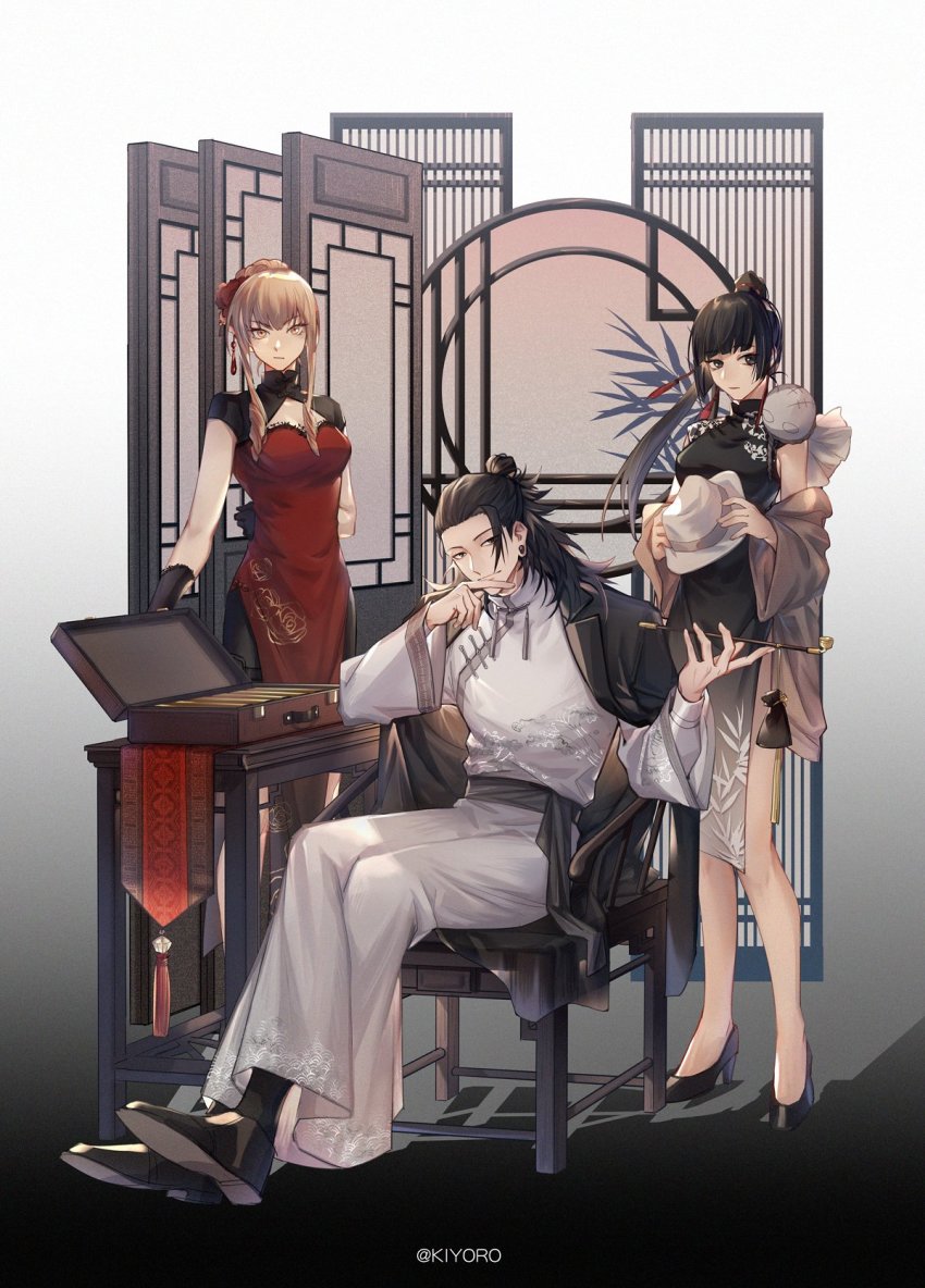 1boy, 2girls, black_background, black_dress, black_eyes, black_footwear, black_gloves, black_hair, black_jacket, blunt_bangs, box, brown_eyes, brown_hair, chair, changpao, china_dress, chinese_clothes, closed_mouth, dress, ear_piercing, earrings, geto_suguru, gloves, gradient_background, hair_bun, hair_ornament, hair_pulled_back, hand_on_own_chin, hand_up, hat, high_heels, high_ponytail, highres, holding, holding_smoking_pipe, holding_unworn_clothes, holding_unworn_hat, jacket, jacket_on_shoulders, jewelry, jujutsu_kaisen, kiyoro2, long_hair, long_sleeves, looking_at_viewer, looking_away, mimiko_(jujutsu_kaisen), multiple_girls, nanako_(jujutsu_kaisen), piercing, ponytail, red_dress, robe, short_sleeves, sidelocks, single_earring, single_hair_bun, sitting, smoking_pipe, stroking_own_chin, table, unworn_hat, unworn_headwear, white_background, white_headwear, white_robe, wide_sleeves