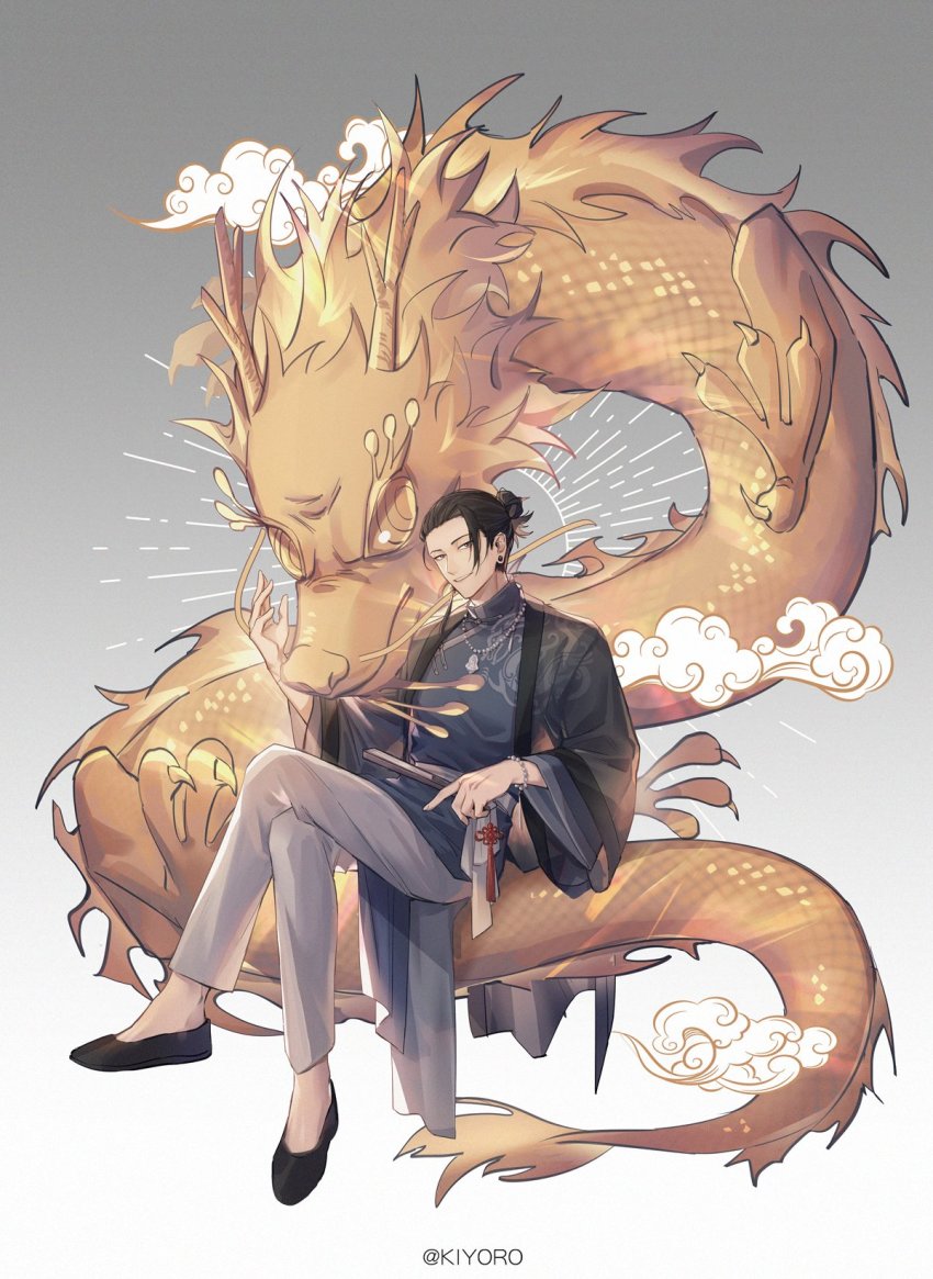 1boy, bead_bracelet, beads, black_eyes, black_hair, black_jacket, black_shirt, black_shoes, bracelet, chinese_clothes, cloud, crossed_legs, dragon, ear_piercing, eastern_dragon, folded_fan, folding_fan, full_body, geto_suguru, gradient_background, grey_background, hair_bun, hair_pulled_back, hand_fan, hand_up, highres, holding, holding_fan, jacket, jewelry, jujutsu_kaisen, kiyoro2, long_sleeves, looking_at_viewer, male_focus, necklace, pants, parted_lips, piercing, shirt, shoes, short_hair, single_hair_bun, sitting, smile, solo, tangzhuang, twitter_username, white_background, white_pants, wide_sleeves
