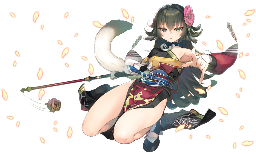 1girl, amazuyu_tatsuki, animal_ears, aquaplus, boots, breasts, dress, eyeliner, female_focus, flower, flower_on_head, full_body, green_eyes, green_hair, highres, holding, holding_staff, holding_weapon, long_hair, looking_at_viewer, makeup, official_art, open_mouth, petals, simple_background, small_breasts, solo, squatting, staff, staff_(weapon), tail, teeth, thick_thighs, thighs, transparent_background, tuskur, utawarerumono, utawarerumono:_lost_flag, weapon