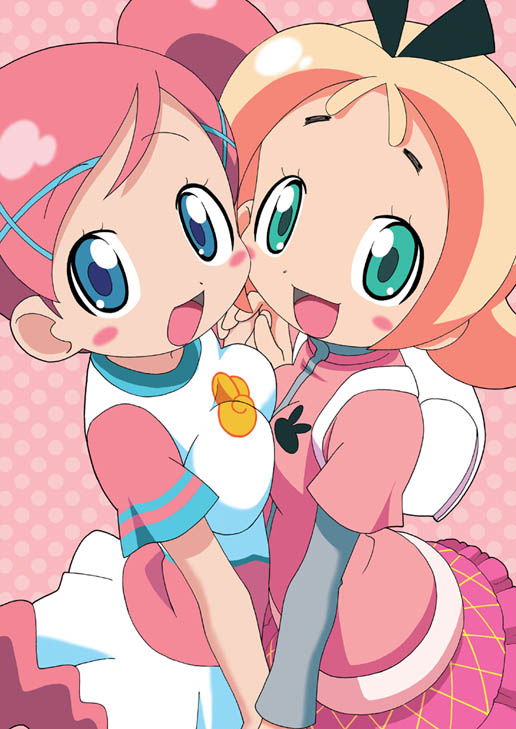 2girls, akai_maho, aqua_eyes, blue_eyes, breast_press, breasts, doki_doki_majo_shinpan, holding_hands, medium_breasts, multiple_girls, oda_renge, orange_hair, pink_hair, shirakawa_mayumi, short_hair, small_breasts, symmetrical_docking, tareme