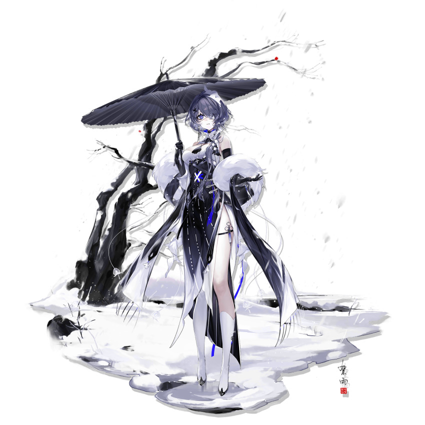 1girl, arknights, bare_shoulders, black_dress, black_gloves, black_umbrella, blue_eyes, blue_hair
