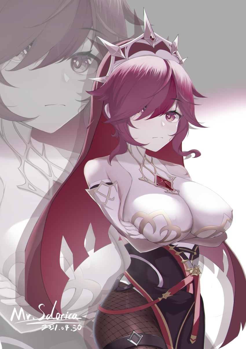 1girl, absurdres, bare_shoulders, breast_hold, breasts, colored_skin, covered_erect_nipples, crossed_arms, dated, elbow_gloves, fishnet_pantyhose, fishnets, genshin_impact, gloves, hair_over_one_eye, half-closed_eyes, highres, large_breasts, looking_at_viewer, mr_sdorica, nun, nun_headdress, pale_skin, pantyhose, purple_eyes, purple_hair, rosaria_(genshin_impact), short_hair, signature, veil, white_gloves, white_skin