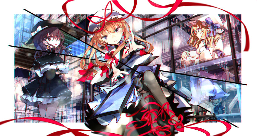 3girls, ankle_ribbon, arawara, arm_ribbon, black_capelet, black_headwear, black_legwear, black_skirt