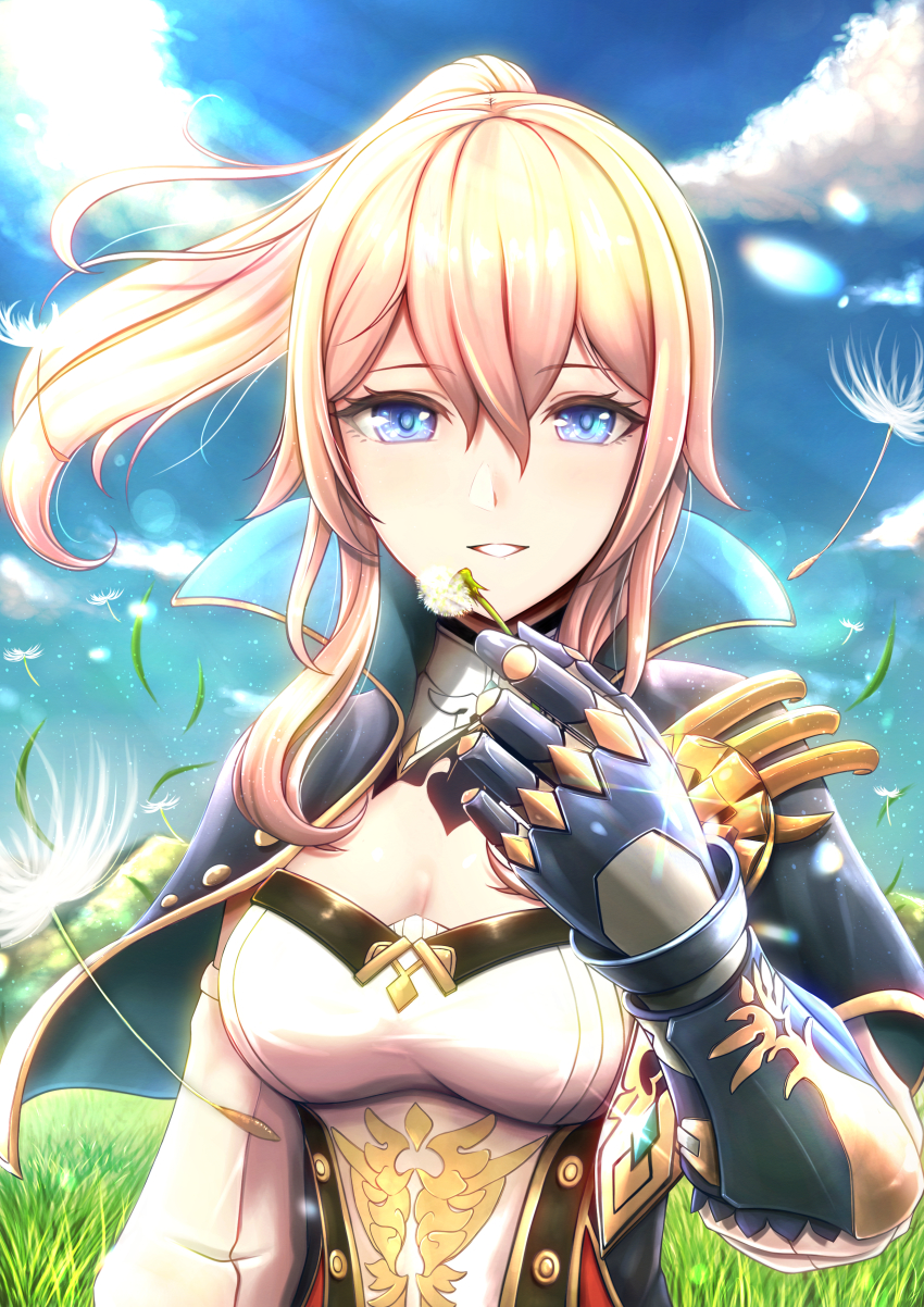 1girl, absurdres, blonde_hair, blue_capelet, blue_eyes, blue_gloves, blue_sky, breasts, capelet, cleavage, cloud, commentary_request, dandelion, dead_angels, detached_sleeves, facing_viewer, flower, genshin_impact, gloves, grass, hair_between_eyes, highres, jean_(genshin_impact), long_hair, long_sleeves, looking_at_viewer, medium_breasts, parted_lips, ponytail, sky, smile, solo, upper_body