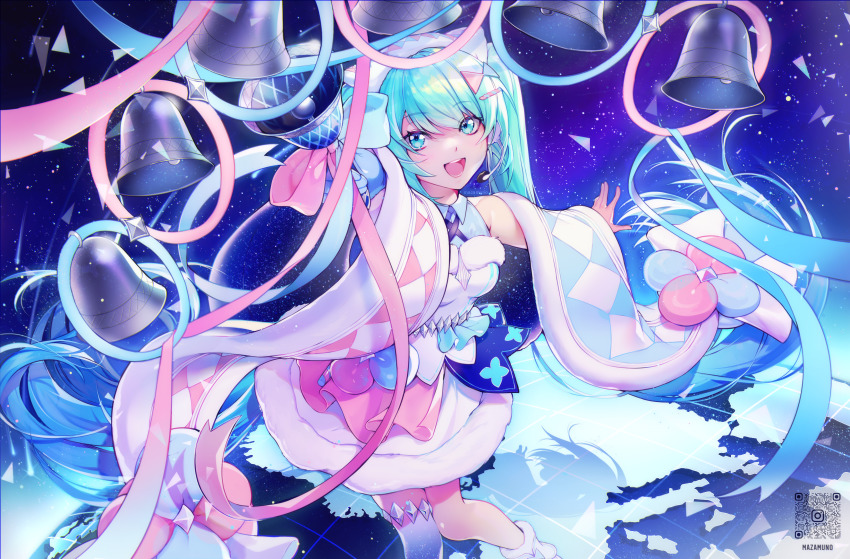 1girl, absurdres, aqua_eyes, aqua_hair, bad_id, bad_pixiv_id, barcode, bell