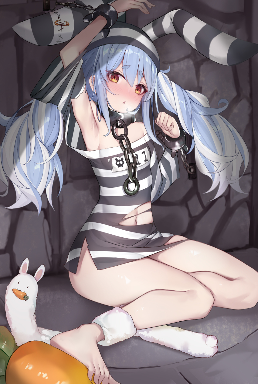1girl, absurdres, animal_ears, armpits, bare_legs, bare_shoulders, barefoot, blue_hair