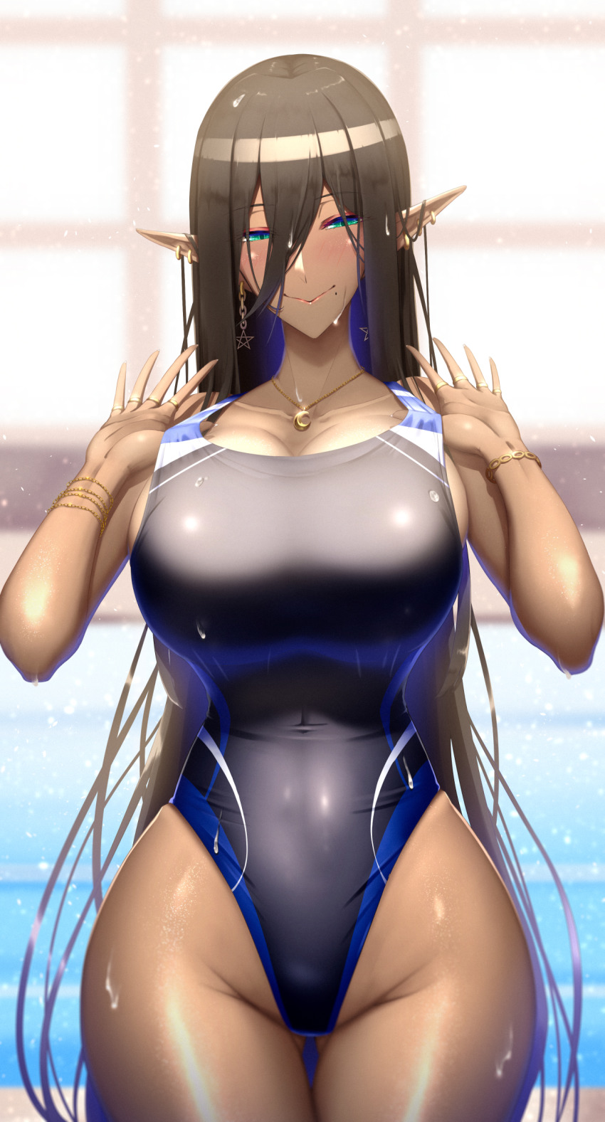 1girl, aqua_eyes, black_hair, black_one-piece_swimsuit, blue_one-piece_swimsuit, breasts, competition_swimsuit, covered_navel
