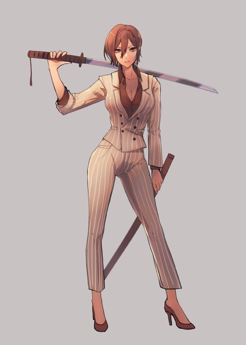 1girl, absurdres, alternate_costume, breasts, brown_eyes, brown_hair, cleavage, collarbone