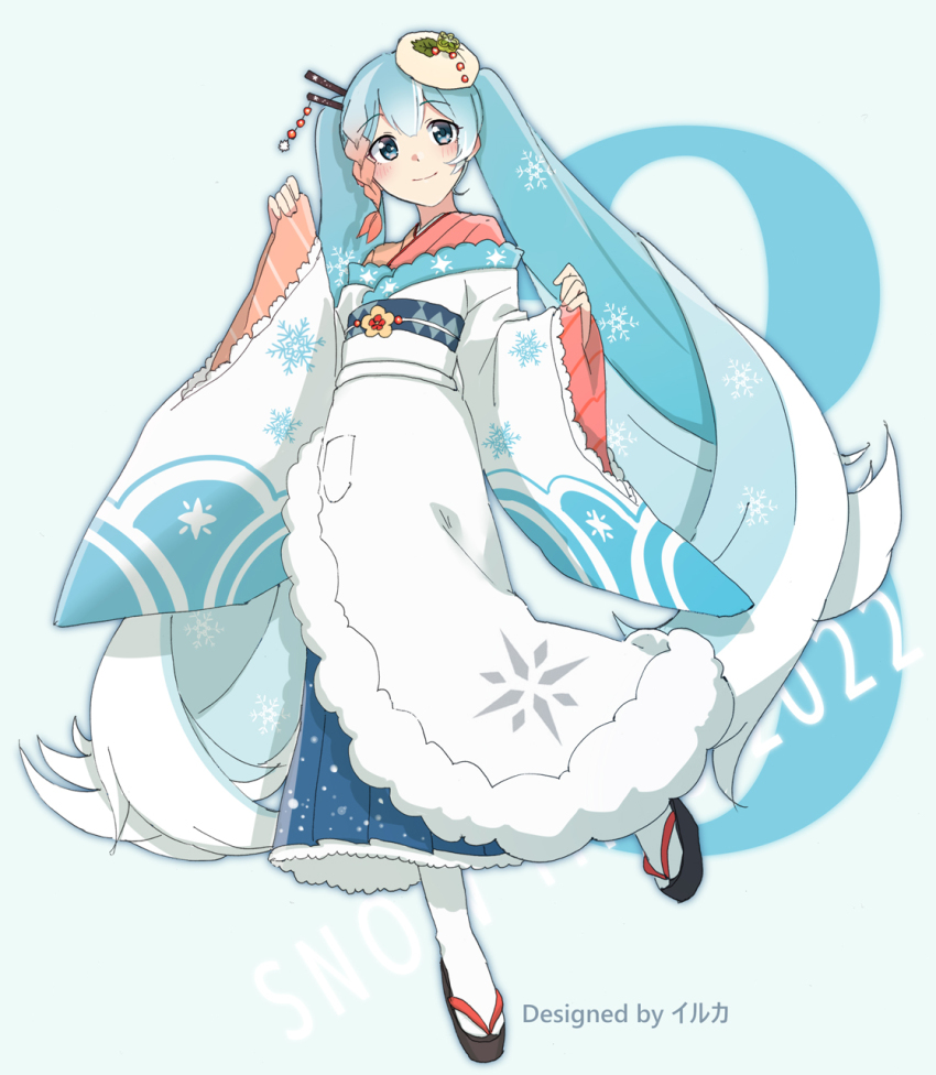 1girl, agonasubi, aqua_background, aqua_hair, artist_name, blue_eyes, blue_skirt, borrowed_design, braid, character_name, colored_tips, commentary, food-themed_hair_ornament, full_body, fur-trimmed_kimono, fur_trim, geta, hair_ornament, hair_stick, hatsune_miku, highres, japanese_clothes, kimono, lace-trimmed_sleeves, lace_trim, layered_clothes, layered_kimono, leg_up, long_hair, long_sleeves, looking_at_viewer, multicolored_hair, pink_kimono, red_hair, roe, scallop, shiso_(plant), skirt, sleeves_past_wrists, smile, snow_print, snowflake_print, solo, standing, standing_on_one_leg, tabi, twintails, very_long_hair, vocaloid, wasabi, white_hair, white_kimono, wide_sleeves, yuki_miku, yuki_miku_(2022)_(candidate_no.3)