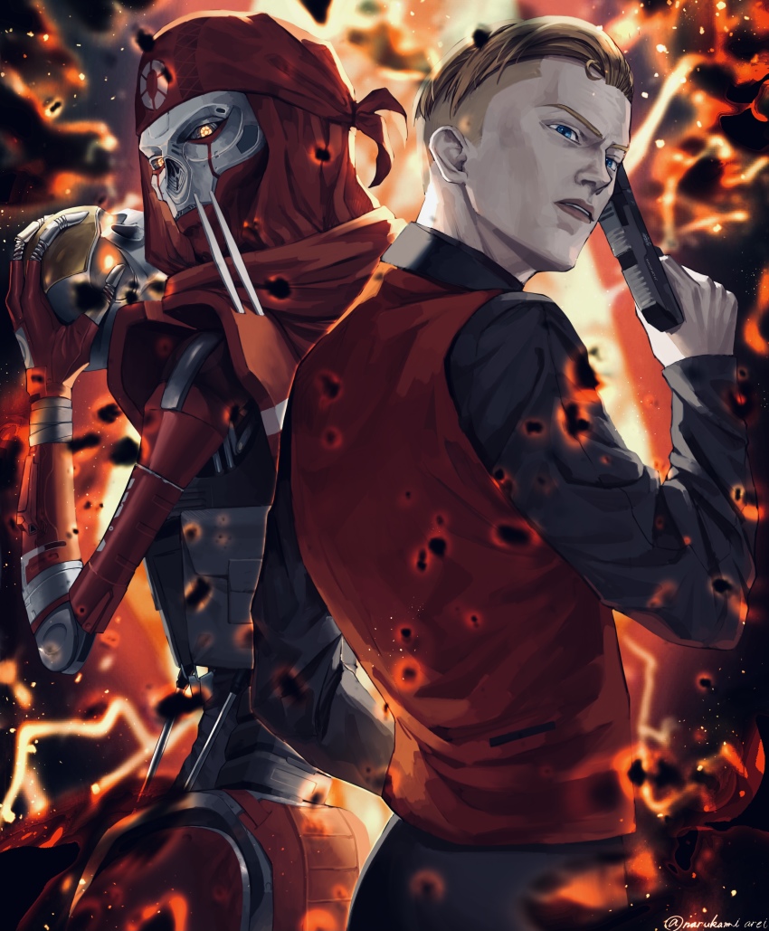 2boys, absurdres, apex_legends, back-to-back, bandana, black_shirt, blonde_hair, blue_eyes, classic_revenant, collared_shirt, dual_persona, from_side, gun, handgun, highres, holding, holding_gun, holding_skull, holding_weapon, humanoid_robot, kaleb_cross, looking_at_viewer, male_focus, multiple_boys, narukami_arei, p2020_(pistol), pistol, piston, red_bandana, red_vest, revenant_(apex_legends), robot, science_fiction, shirt, simulacrum_(titanfall), skull, spoilers, undercut, vest, weapon, yellow_eyes