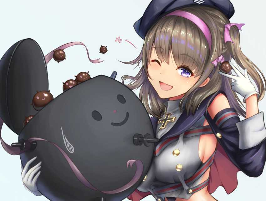 1girl, ;d, absurdres, azur_lane, bare_shoulders, beret, black_sleeves, blue_background