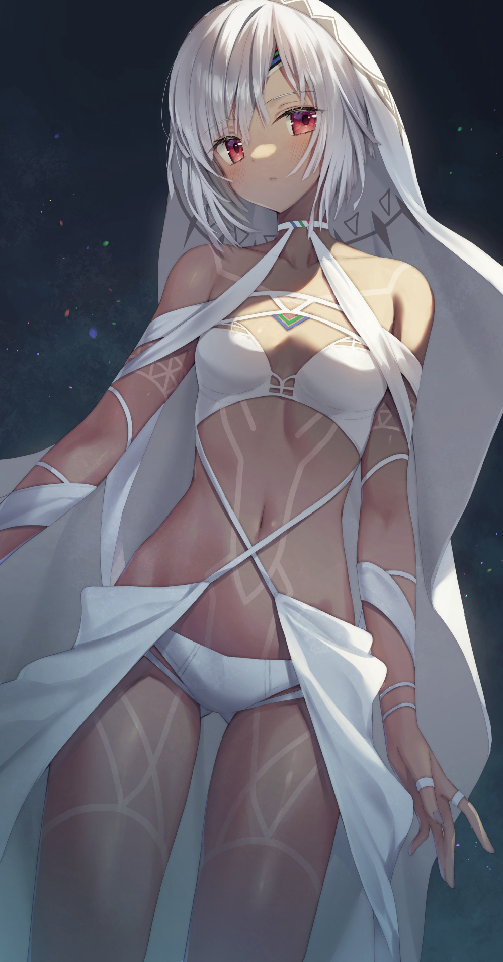 1girl, altera_(fate), altera_(lostroom_outfit)_(fate), bare_shoulders, bikini, breasts, collarbone, dark-skinned_female, dark_skin, fate/extella, fate/extra, fate/grand_order, fate_(series), full-body_tattoo, highres, kuro_futoshi, looking_at_viewer, lostroom_outfit_(fate), medium_breasts, navel, red_eyes, short_hair, solo, swimsuit, tattoo, thighs, veil, white_bikini, white_hair