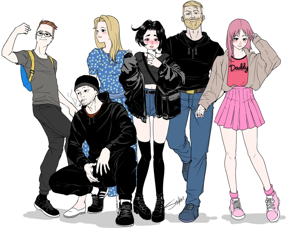 3boys, 3girls, artist_name, backpack, bag, beanie, beard, beige_jacket, belt, black_eyes, black_footwear, black_headwear, black_hoodie, black_legwear, black_nails, blonde_hair, blue_dress, blue_footwear, blush, bobby_socks, brown_hair, brown_sweater, cigarette, closed_mouth, daddys_girl, denim, doomer_girl, dress, eyelashes, eyeshadow, facial_hair, facing_viewer, flexing, full_body, grey_legwear, grey_shirt, hat, hood, hoodie, jacket, jeans, lace, lips, long_hair, long_sleeves, looking_at_another, looking_at_viewer, looking_to_the_side, makeup, meme, multiple_boys, multiple_girls, nail_polish, navel, nihili, no_socks, open_mouth, pale_skin, pants, phone, pink_footwear, pink_hair, pink_legwear, pink_nails, pink_shirt, pink_skirt, selfie, shadow, shirt, shoes, short_hair, shorts, shukei, signature, simple_background, skirt, sleeves_past_wrists, smile, smoke, socks, squatting, standing, sweater, t-shirt, thighhighs, trad_girl, waving, white_background, white_footwear, wojak, yes_chad