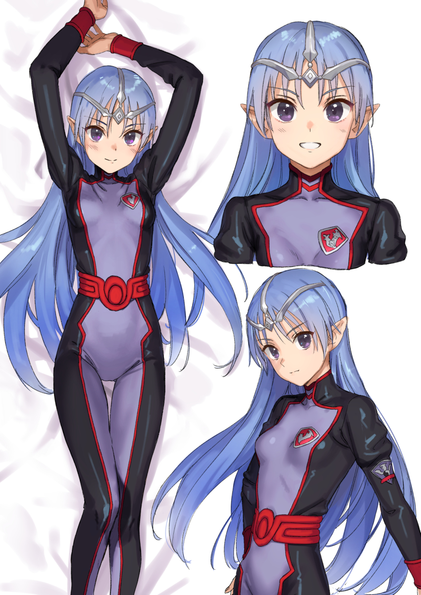 1girl, :d, blue_hair, bodysuit, breasts, closed_mouth, dakimakura_(medium), female_focus, hands_up, highres, kawakami_rokkaku, lafiel, long_hair, looking_at_viewer, lying, multiple_views, on_back, open_mouth, pointy_ears, purple_bodysuit, purple_eyes, sash, seikai_no_senki, small_breasts, smile, thigh_gap, very_long_hair