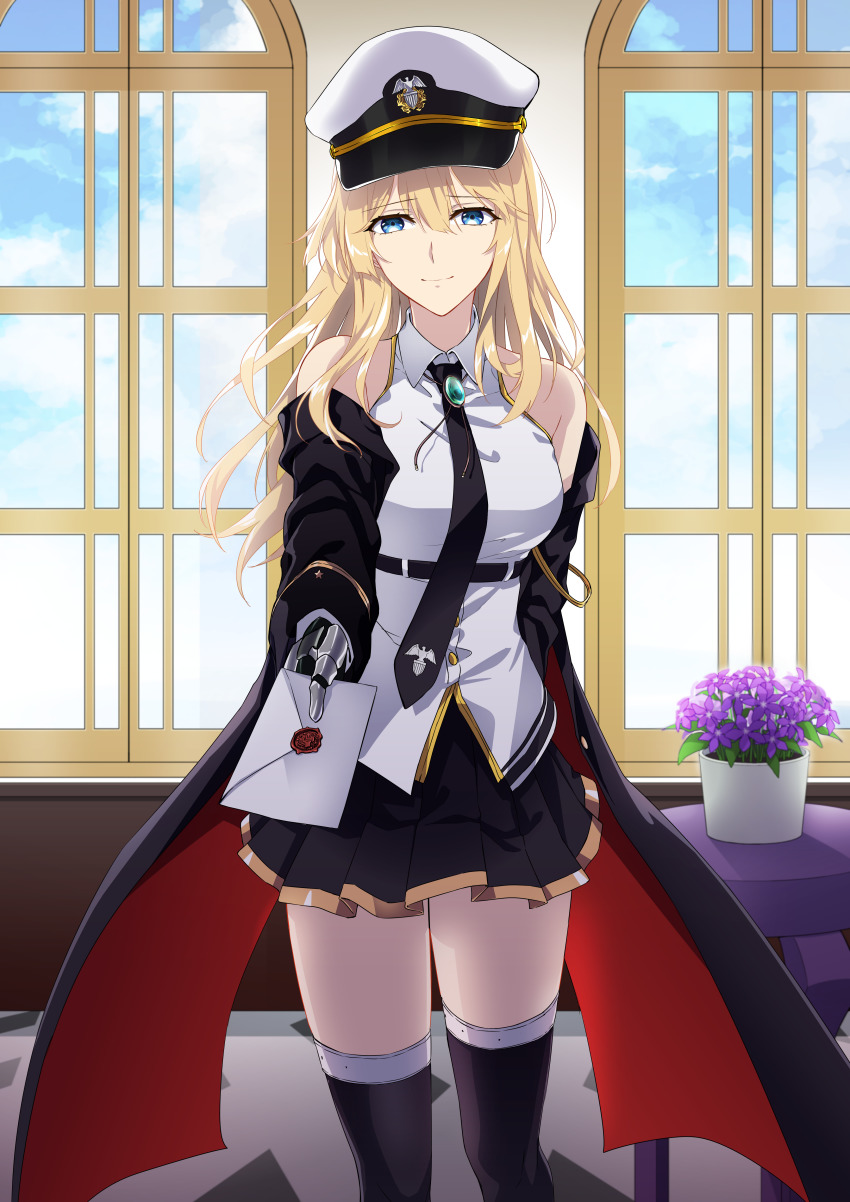 absurdres, aqua_gem, azur_lane, black_coat, black_neckwear, black_skirt, black_thighhighs, blonde_hair
