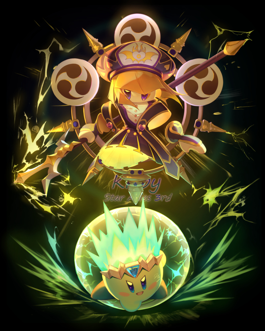 1girl, :d, anniversary, black_background, black_dress, blonde_hair, blue_eyes, blush_stickers, copy_ability, copyright_name, dress, electricity, highres, holding, holding_polearm, holding_spear, holding_weapon, kirby, kirby_star_allies, kirby_(series), kouyafu, mitsudomoe_(shape), nintendo, open_mouth, plasma_kirby, polearm, purple_eyes, rayman_limbs, revision, smile, spear, tomoe_(symbol), weapon, zan_partizanne