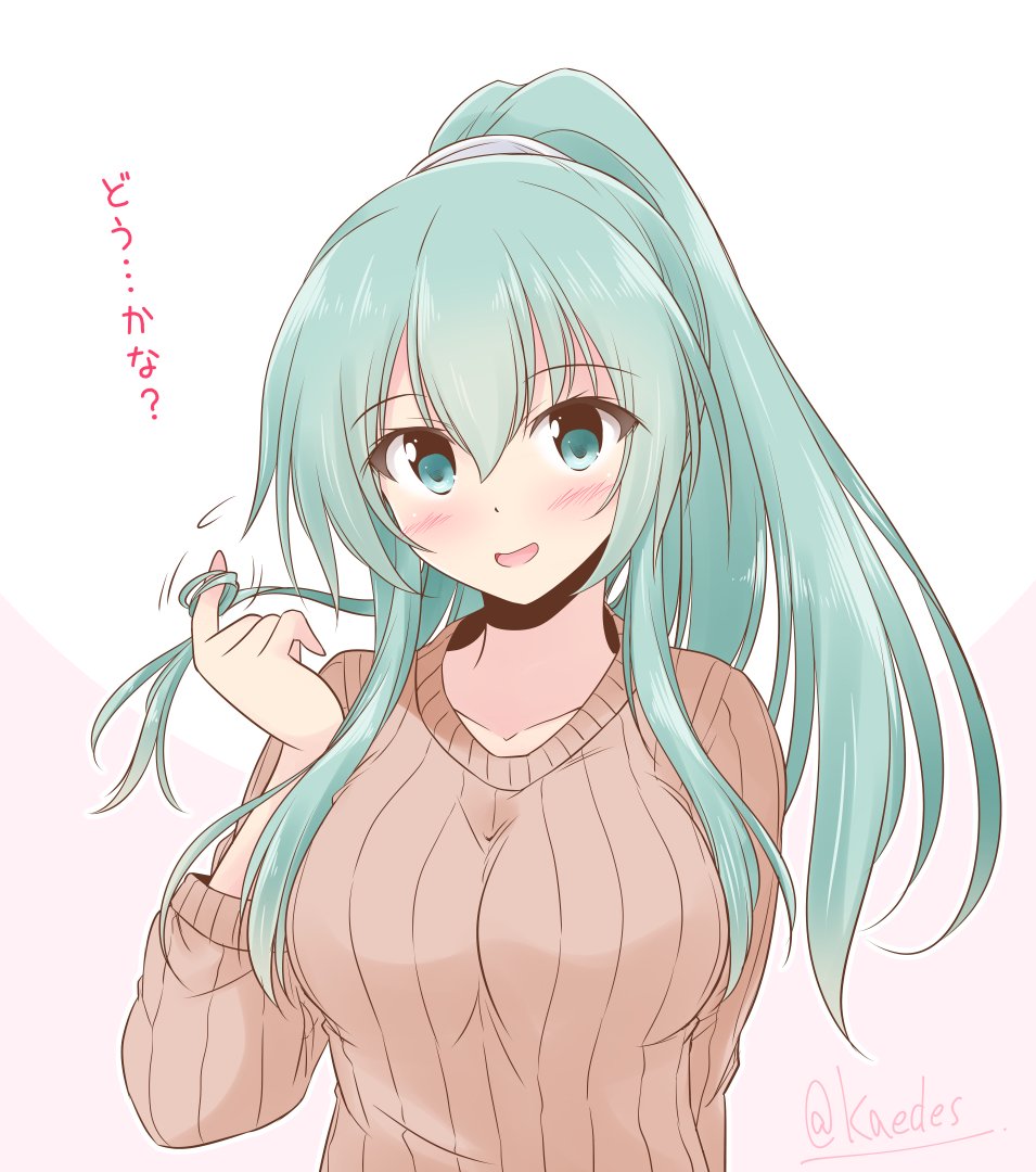 1girl, alternate_hairstyle, breasts, brown_sweater, collarbone, commentary_request, cosplay, green_eyes