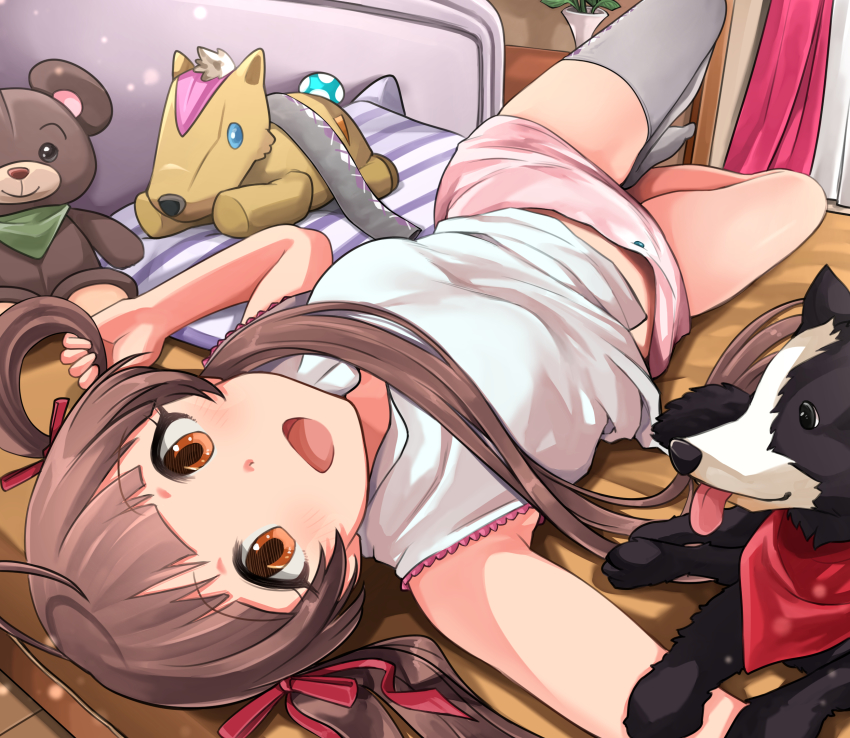 1girl, :d, bandana, bandana_around_neck, bed, bed_frame, blunt_bangs, border_collie, breasts, brown_eyes, brown_hair, cowlick, curtains, dog, from_above, green_scarf, grey_thighhighs, hair_ribbon, hakozaki_serika, hanamasa_ono, highres, idolmaster, idolmaster_million_live!, junior_(idolmaster), knee_up, light_blush, lying, on_back, on_bed, open_mouth, pet, pillow, pink_shorts, plant, potted_plant, red_ribbon, red_scarf, ribbon, scarf, shirt, shorts, single_thighhigh, sleeveless, sleeveless_shirt, small_breasts, smile, solo, stuffed_animal, stuffed_toy, teddy_bear, thighhighs, tongue, tongue_out, twintails, white_shirt