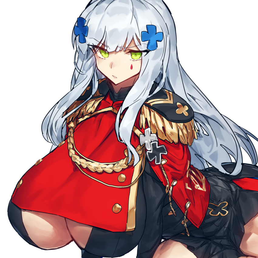 1girl, aiguillette, alternate_breast_size_(larger), breasts, capelet, closed_mouth, cross_hair_ornament, epaulettes