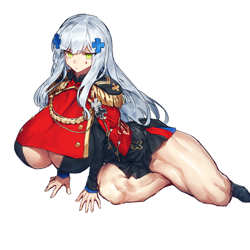 1girl, aiguillette, alternate_breast_size_(larger), black_footwear, breasts, capelet, closed_mouth, commentary_request, cross_hair_ornament, epaulettes, facial_mark, girls'_frontline, green_eyes, grey_hair, hair_ornament, highres, hk416_(girls'_frontline), hk416_(percussive_bolero)_(girls'_frontline), huge_breasts, long_hair, long_sleeves, looking_at_viewer, melon22, military, military_uniform, muscular, muscular_female, muscular_legs, official_alternate_costume, red_capelet, shiny_skin, simple_background, solo, teardrop, thick_thighs, thighs, white_background
