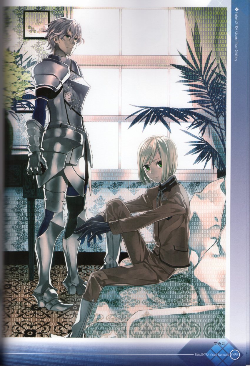 2boys, absurdres, armor, artist_name, blonde_hair, bob_cut, brown_pants, brown_shirt